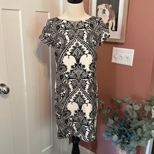 Zara Woman | black & cream | damask | mini | short capped sleeves | XS | dress